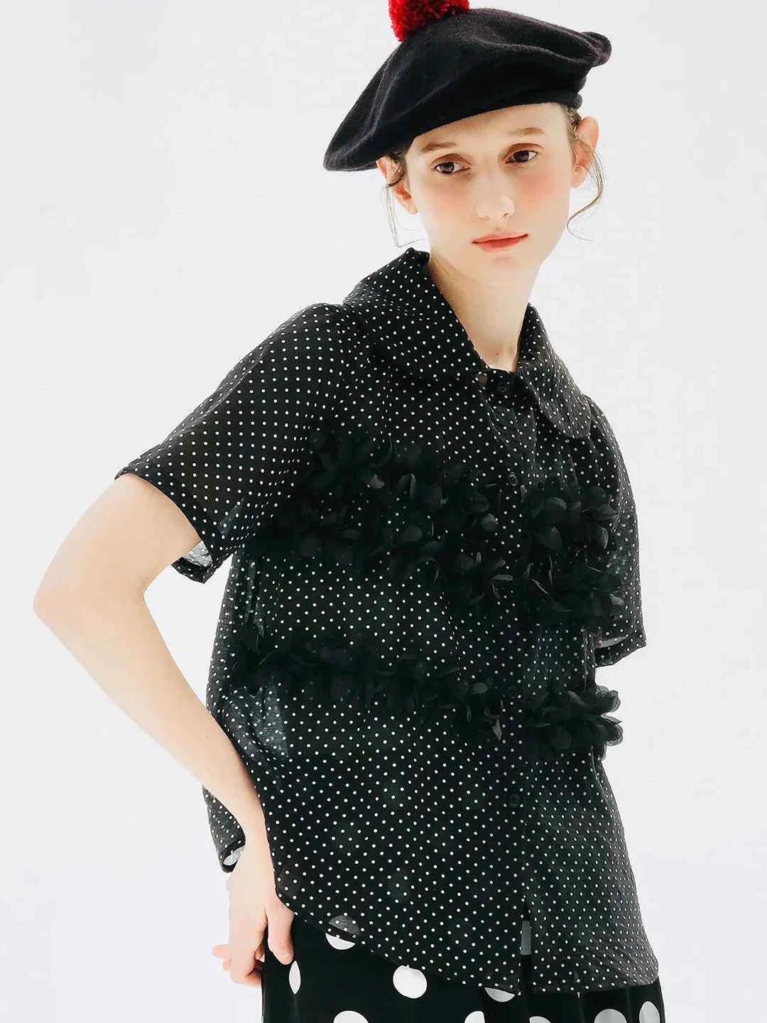 Women Black Polka Dot Lapel Short Sleeve Shirt