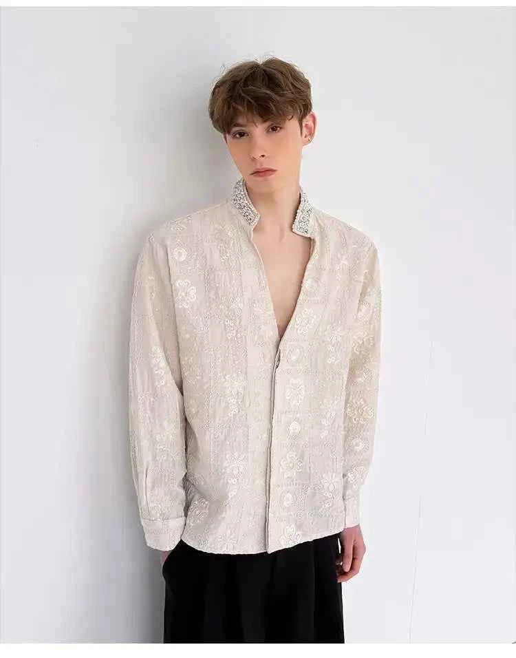 Luxury Pearl Patchwork Long Sleeve Shirt