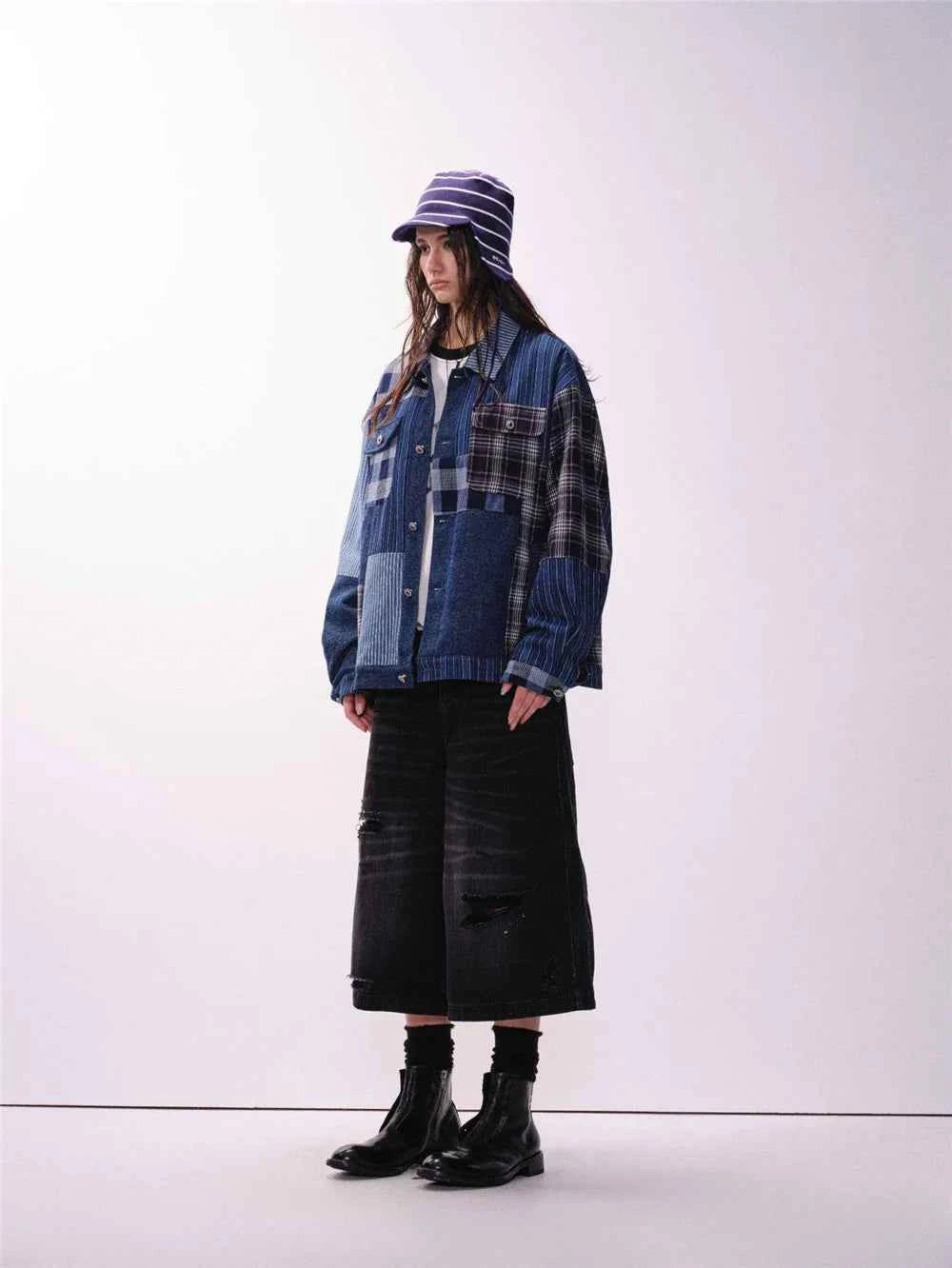 Versatile Retro Blue Casual Patchwork Denim Jacket