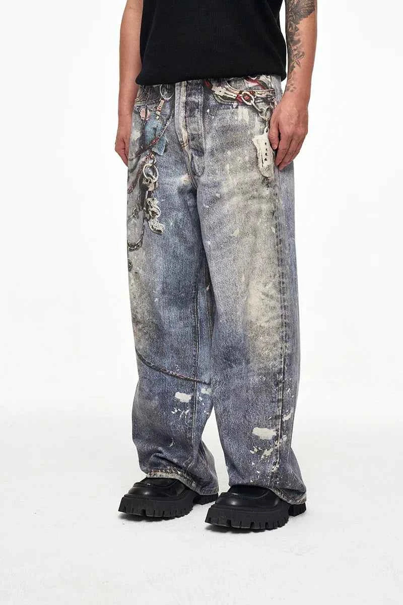Elevated Luxury Loose Fit Digital Graffiti Jeans