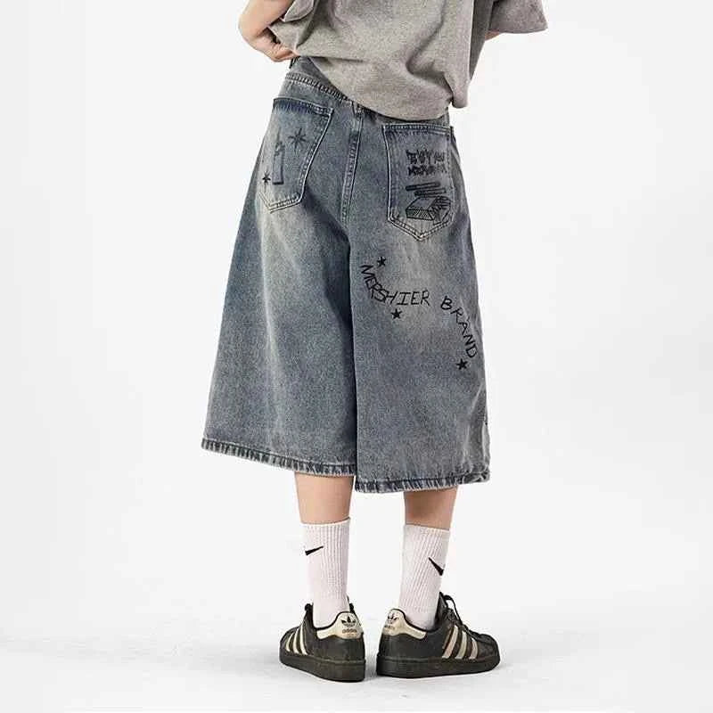 Cool Streetwear Graffiti Printed Loose Wide Leg Jorts