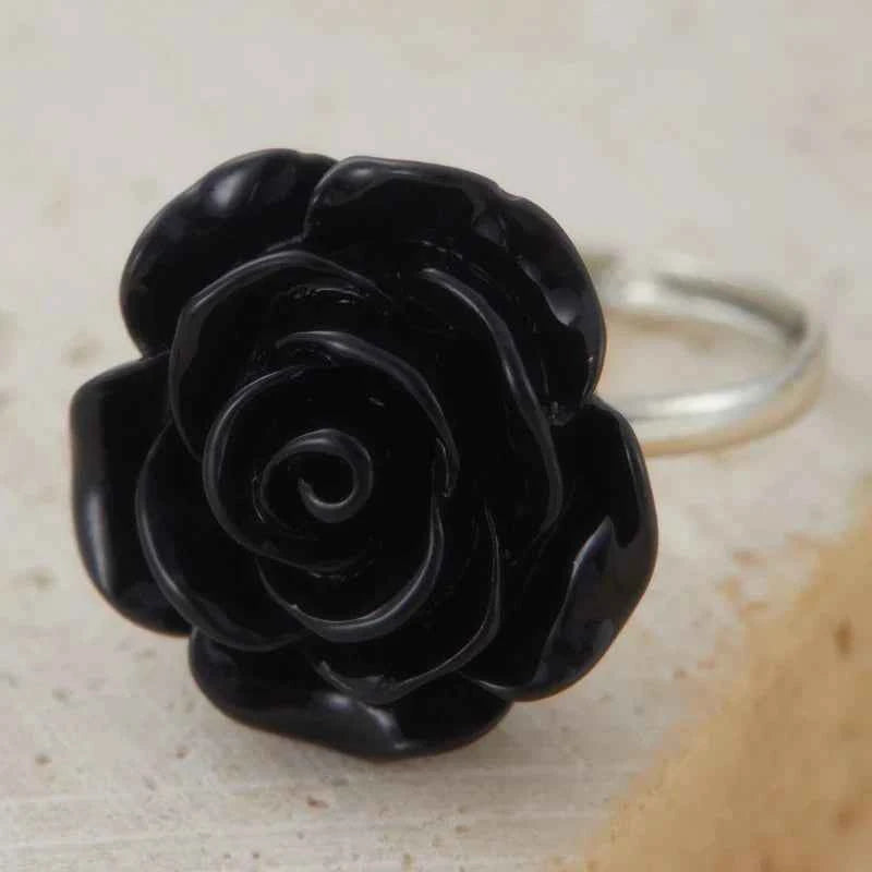 Black Rose Bud Adjustable Ring