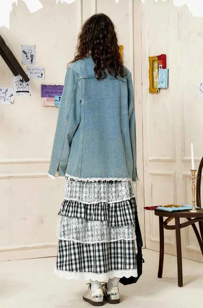 Lace Trim Oversized Denim Classic Jacket