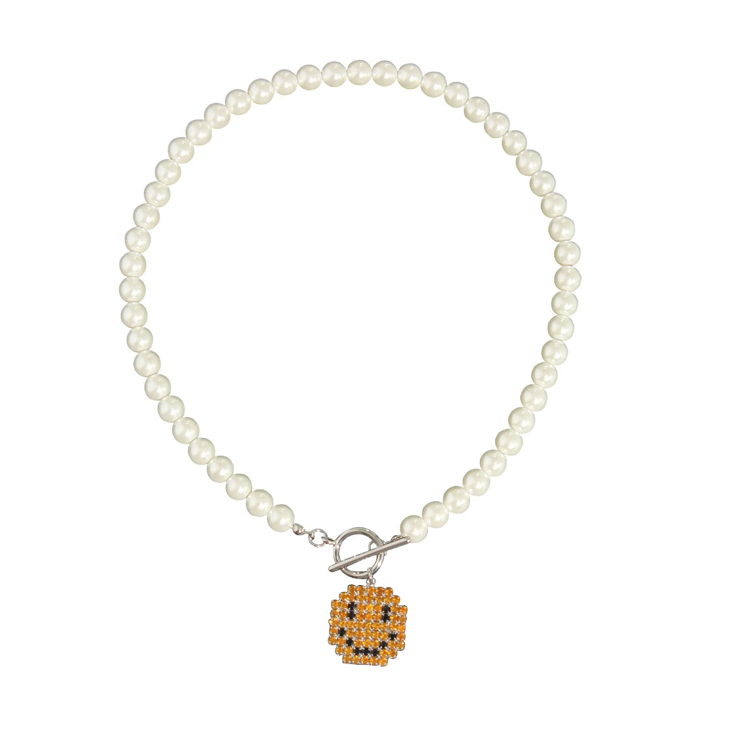 Rhinestone Smile Face Pearl Pendant Necklace - Luxuryurbanwear