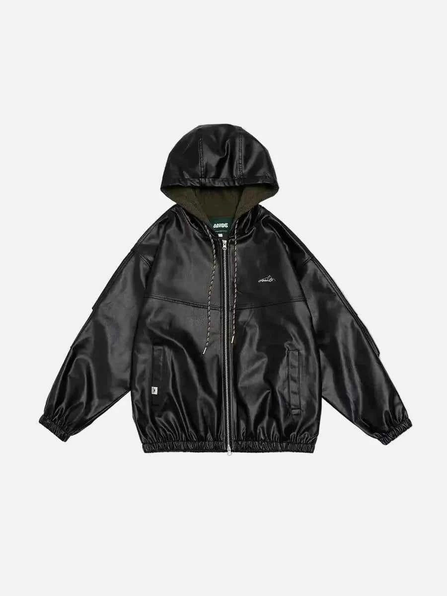 Chic Black PU Leather Hooded Zipper Jacket
