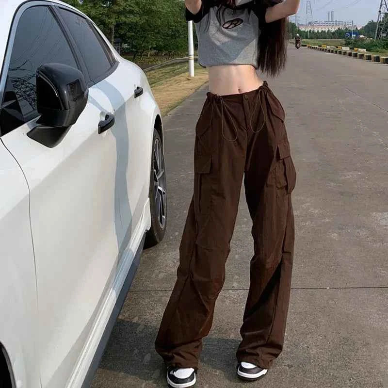 Women Cool Brown Vintage Drawstring Cargo Pants