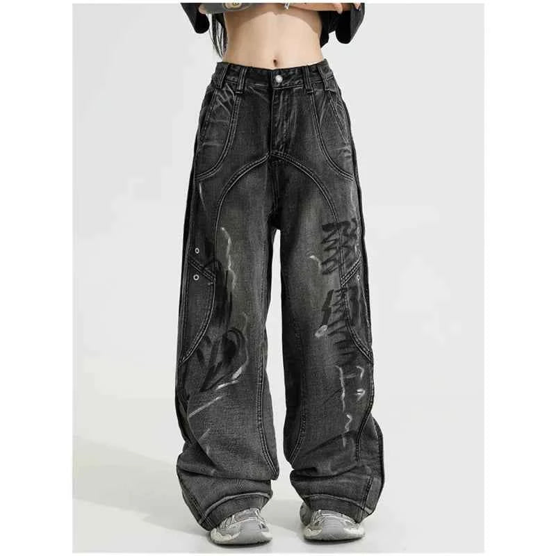 Streetwear Black Retro Vintage High Waist Wide Leg Jeans