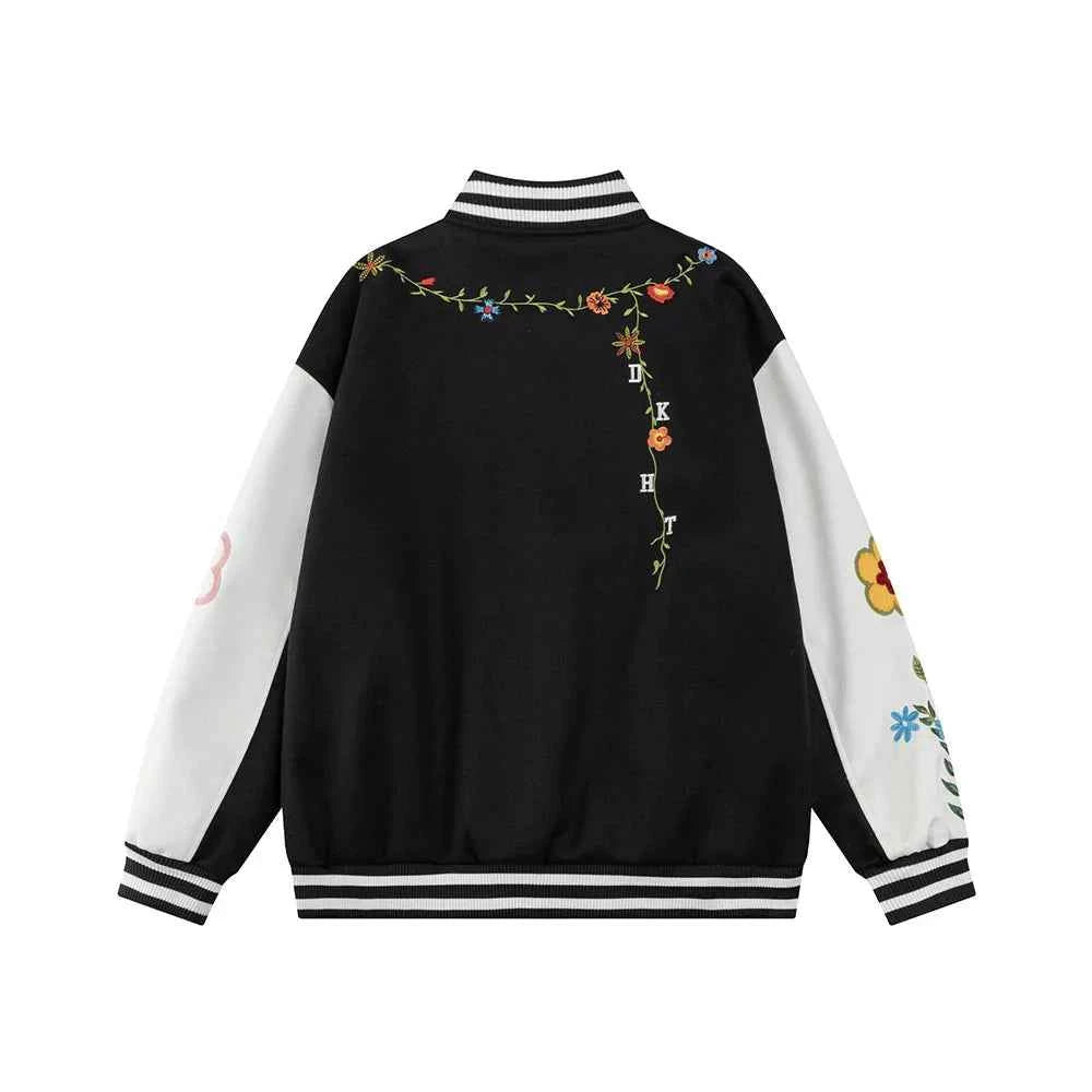 Retro Flower Embroidery Baseball Varsity Jacket