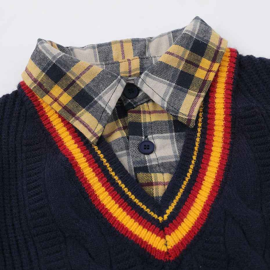 Oversized Varsity Patchwork Double Layers Knit Sweater
