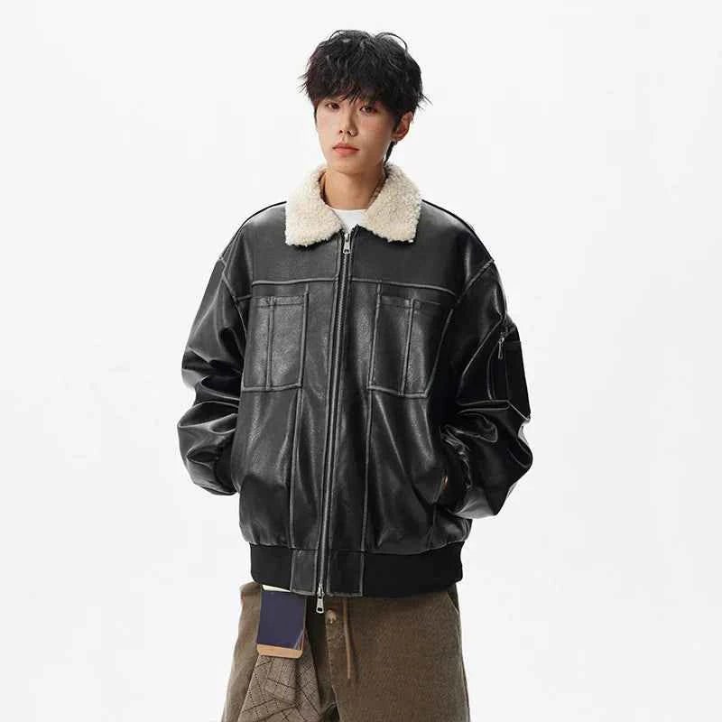 Patchwork Padded Faux Fur Collar Leather Jacket