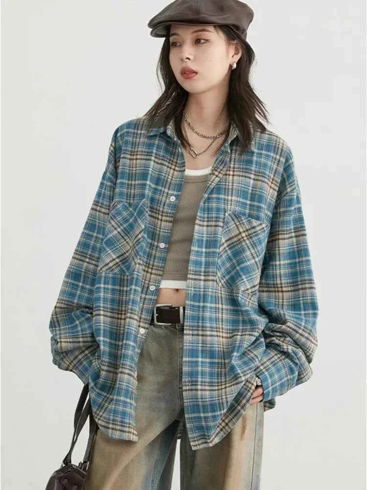 Women Streetwear Cool Color Blocked Grid Chic Cotton Shirt