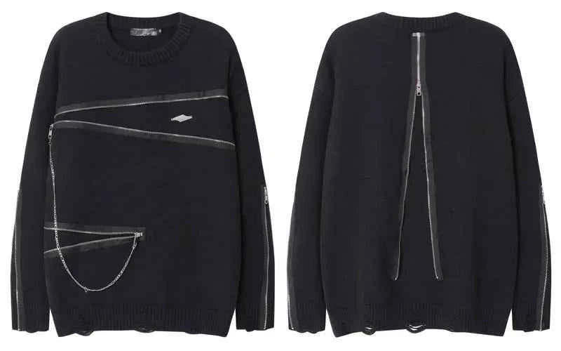 Streetwear Distressed Chain Detail Zipper Knit Sweater