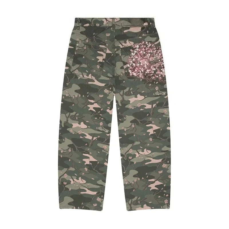 LUW Cherry Blossom Embroidery Camouflage Pattern Streetwear Jeans