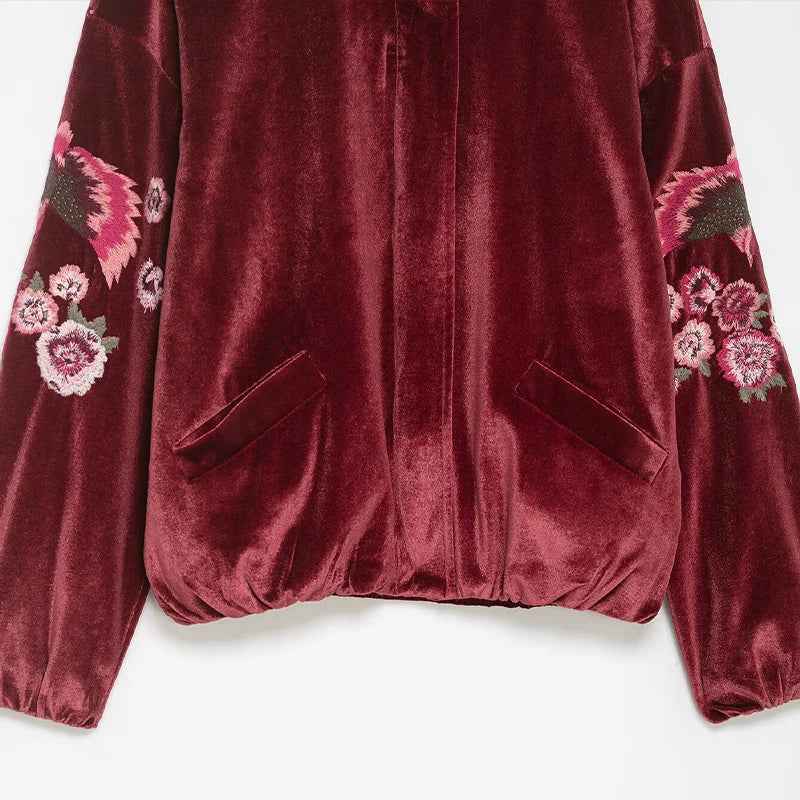 Vintage Red Embroidery Zipper Faux Fur Jacket