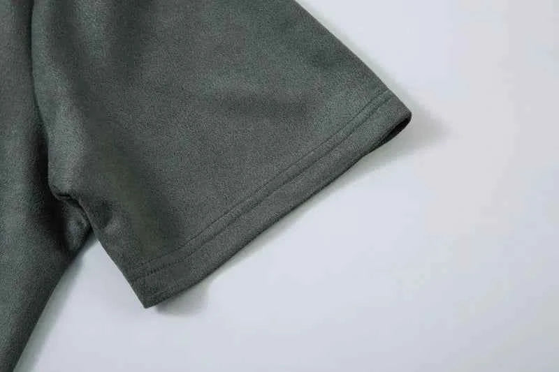 Suede Embroidered Zipper Short Sleeve T-Shirt