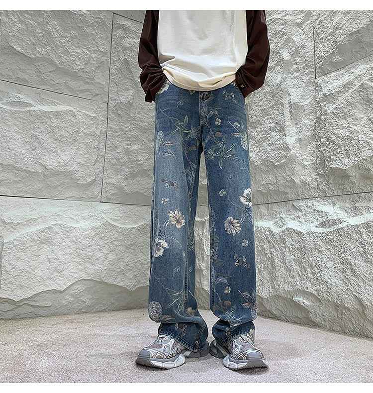 Cool Trendy Floral Printed Loose Fit Denim Jeans