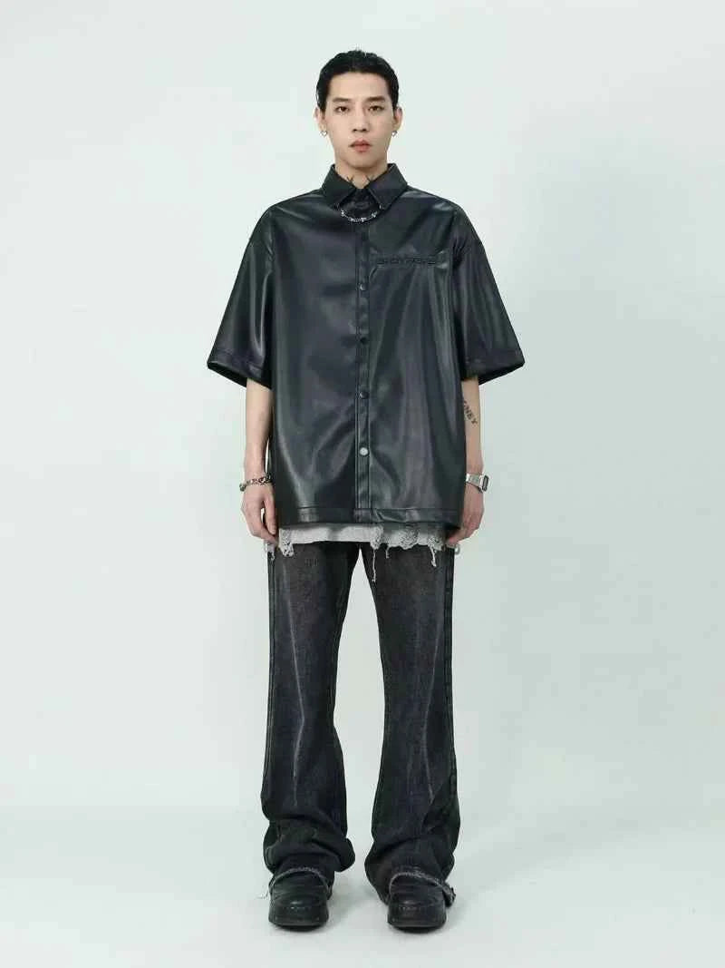 Black Embossed Short Sleeve PU Leather Shirt