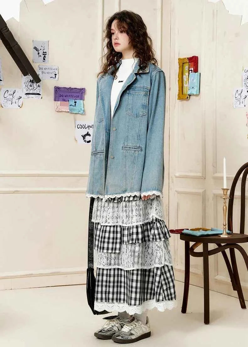 Lace Trim Oversized Denim Classic Jacket