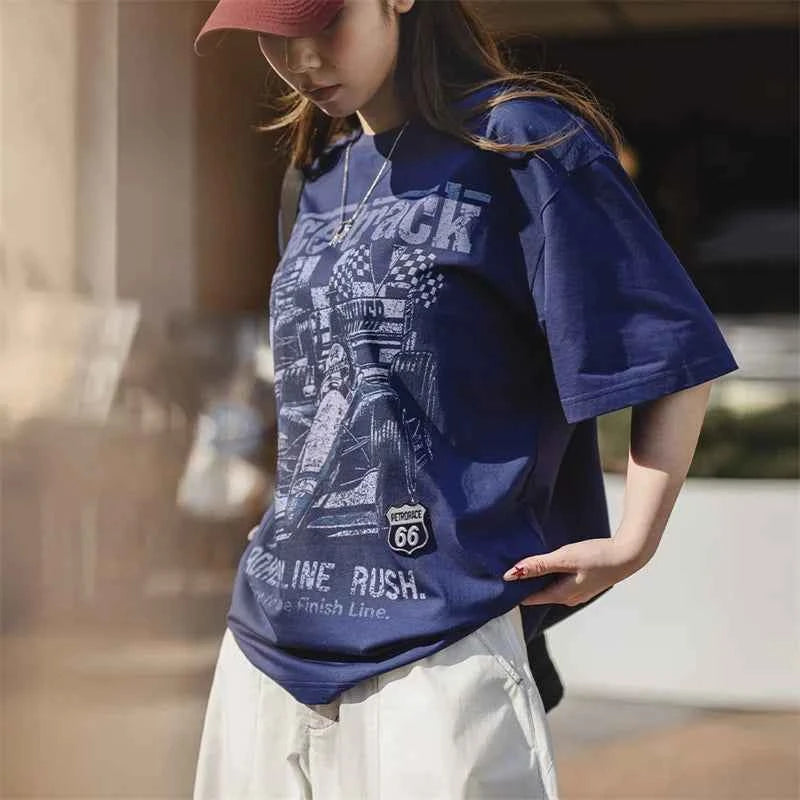 Vintage Casual Racing Print T-Shirt