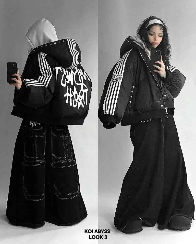 Winter Striped Loose Zipper Padded Jacket