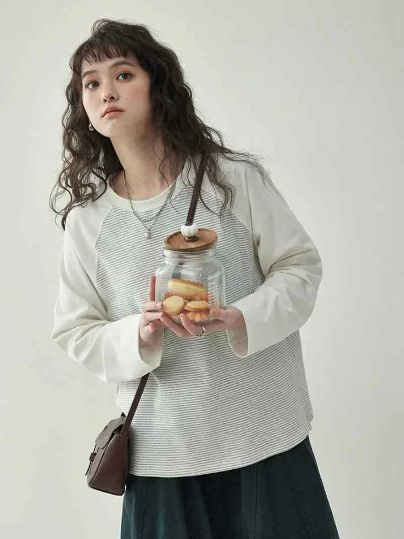 Y2K Japanese Style Patchwork Striped Loose Sweatshirt