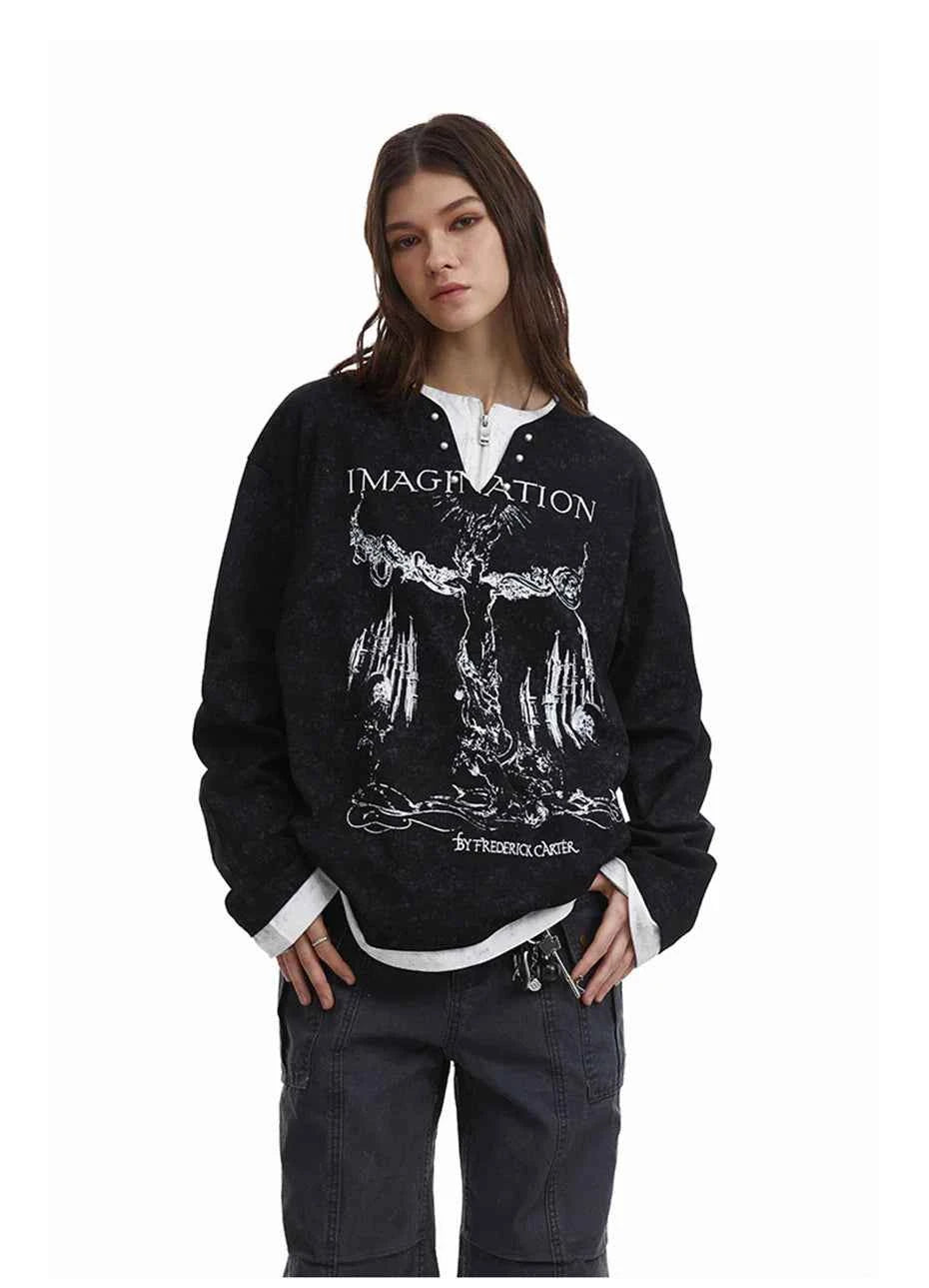 Dark Gothic Punk Fake Two-Piece Long T-Shirt