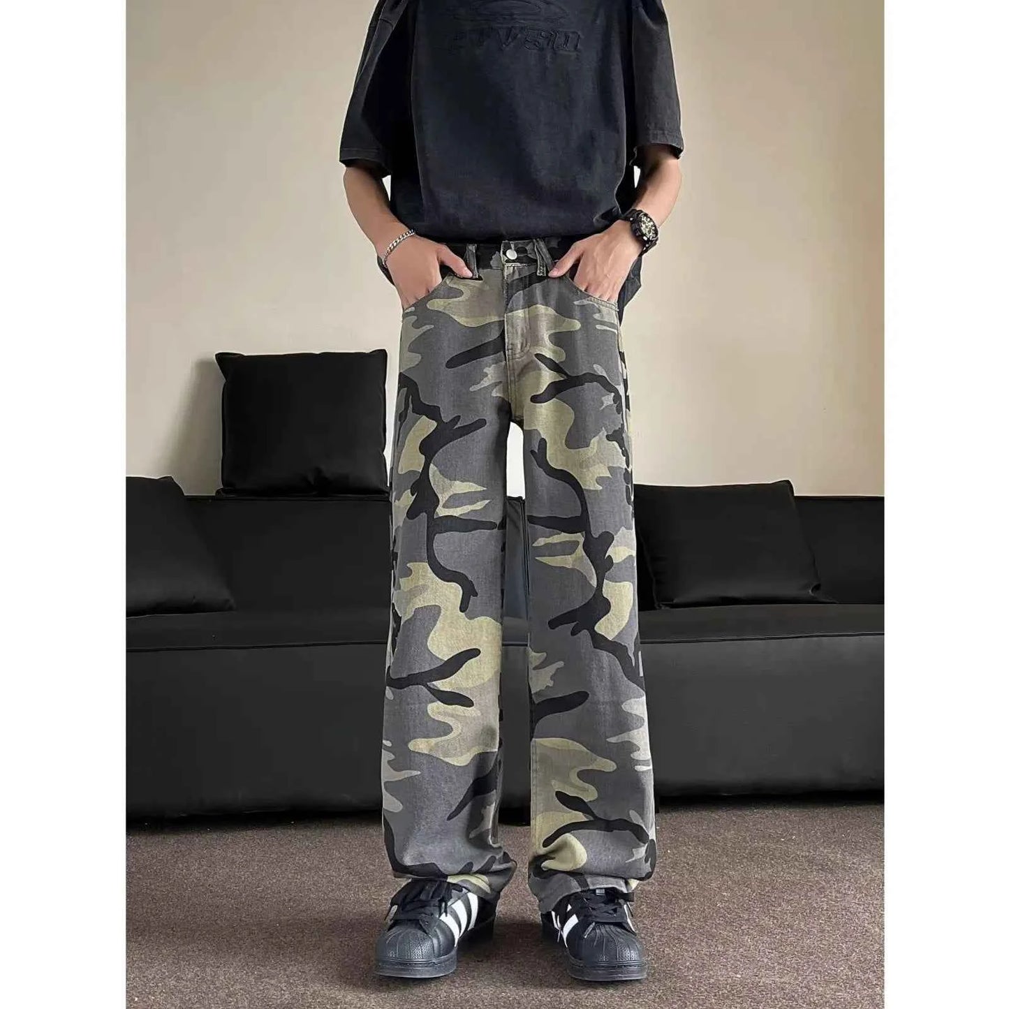 Vintage Streetwear Camouflage High Waisted Wide-Leg Jeans