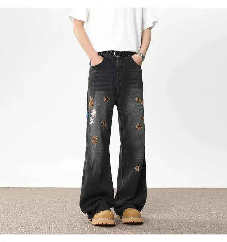 Handsome Embroidered Wide Leg Denim Jeans