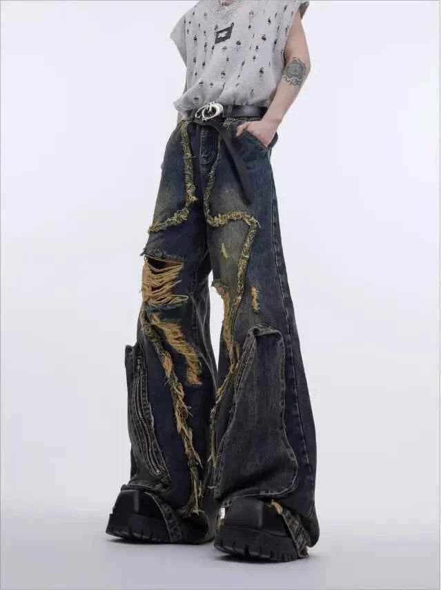 Y2K Streetwear Vintage Splicing Burr Edge Ripped Jeans