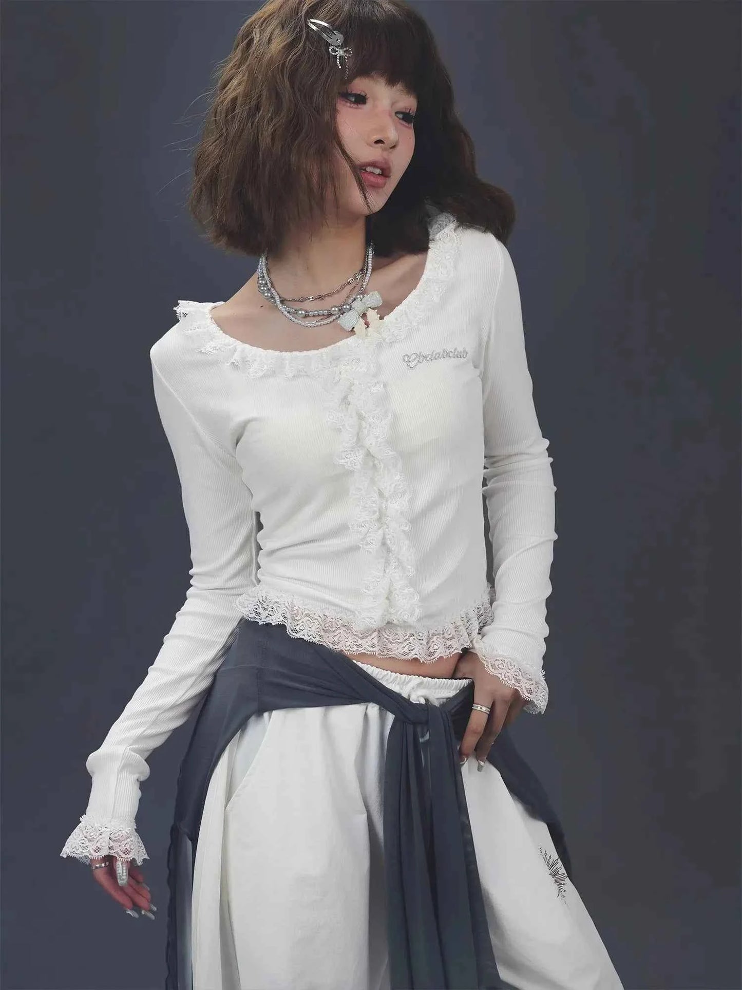 Women Spicy Lace Trim Long Sleeve T-shirt