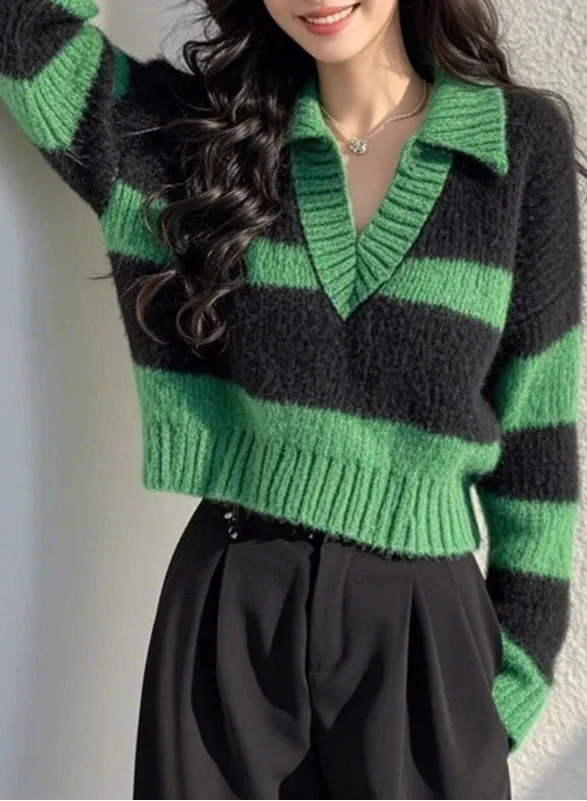 Vintage Green Striped Knitted Long Sleeve Sweater - Luxuryurbanwear