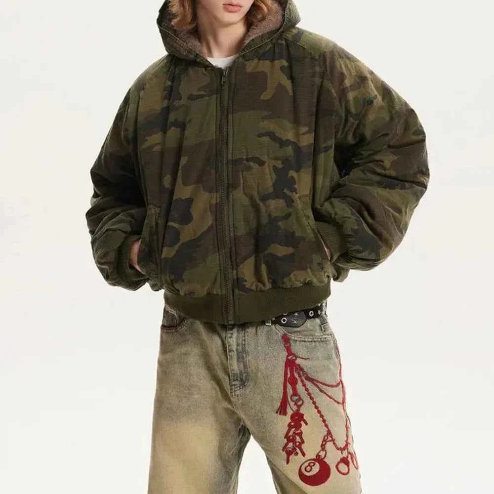 Men Camouflage Thickened Retro Hooded Winter Jacket