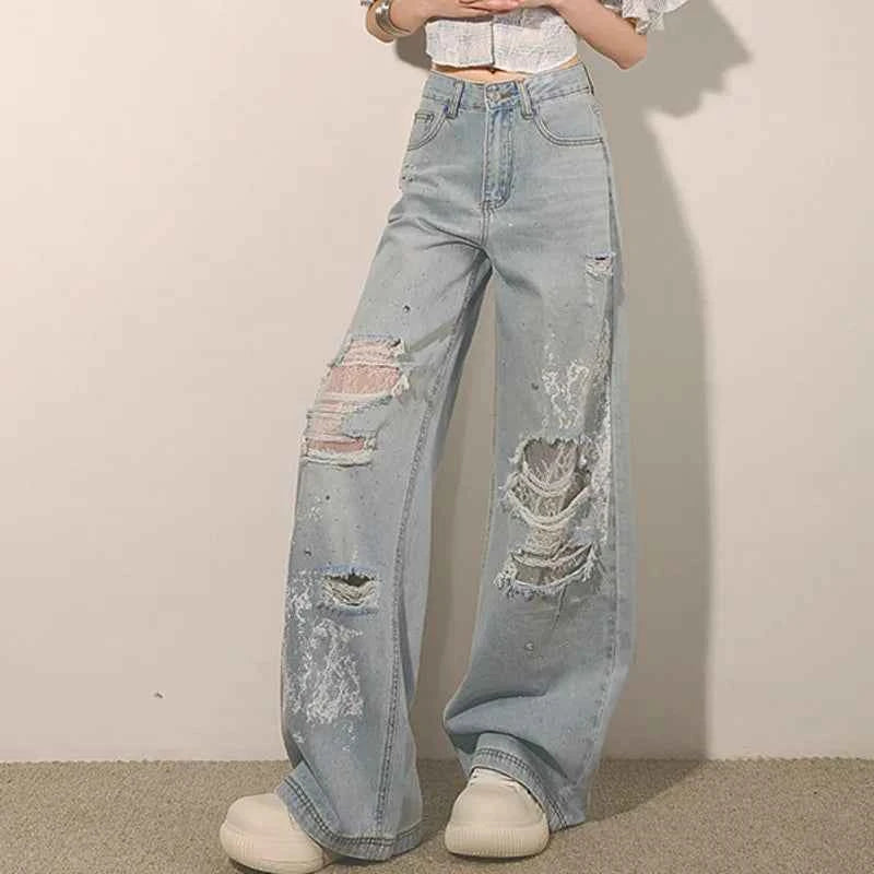Women New Trendy Lace Hole High Jeans
