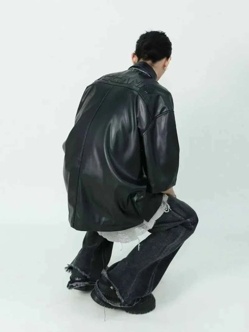 Black Embossed Short Sleeve PU Leather Shirt