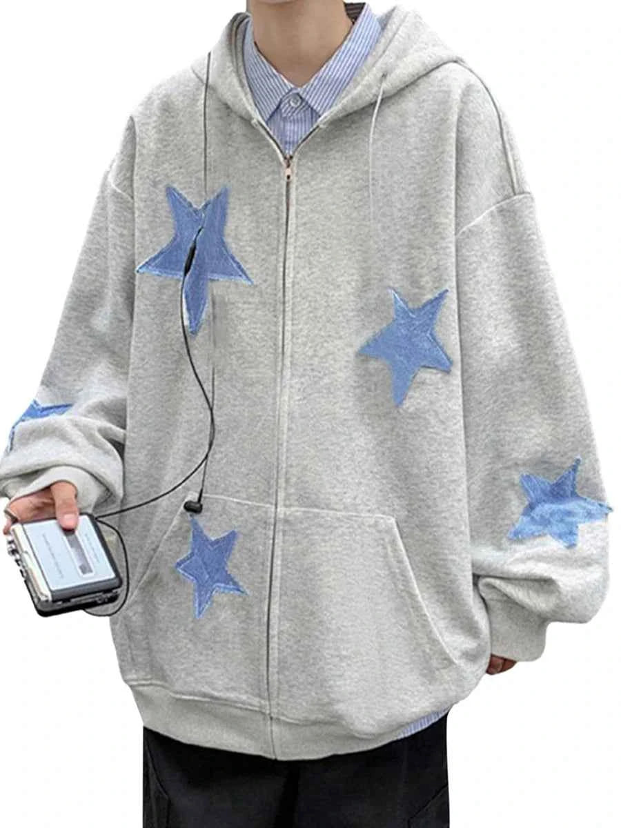 Streetwear Starry Zip Casual Long Hooded Sweatshirt