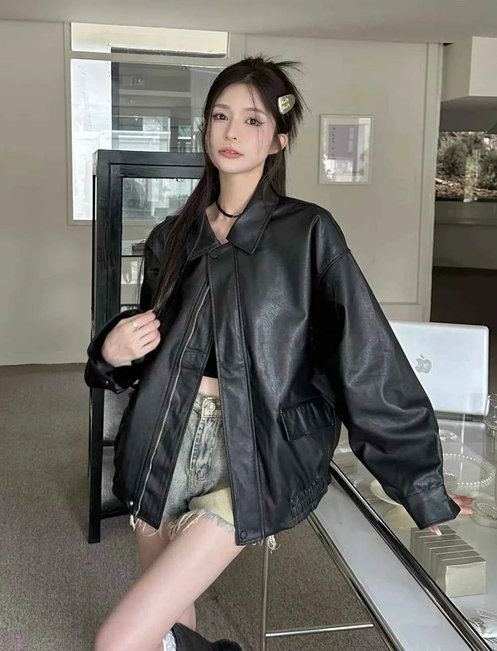 Women Retro Moto Bike Casual Style Leather Jacket