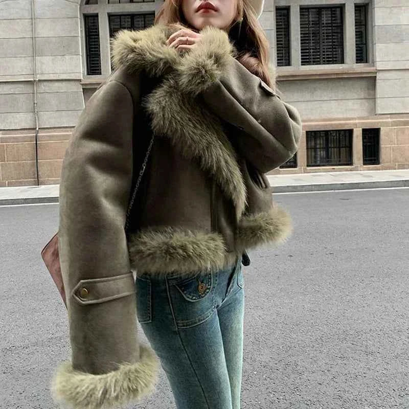 Women Classic Warm Faux Suede Zipper Leather Jacket