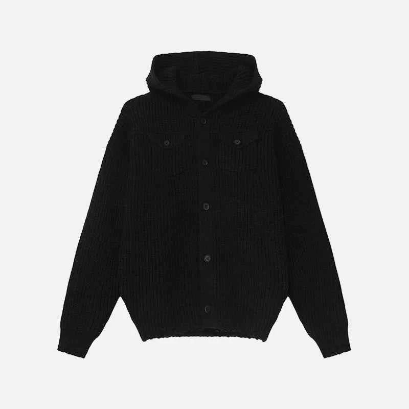 Frayed Design Thick Knit Hooded Knits Cardigan