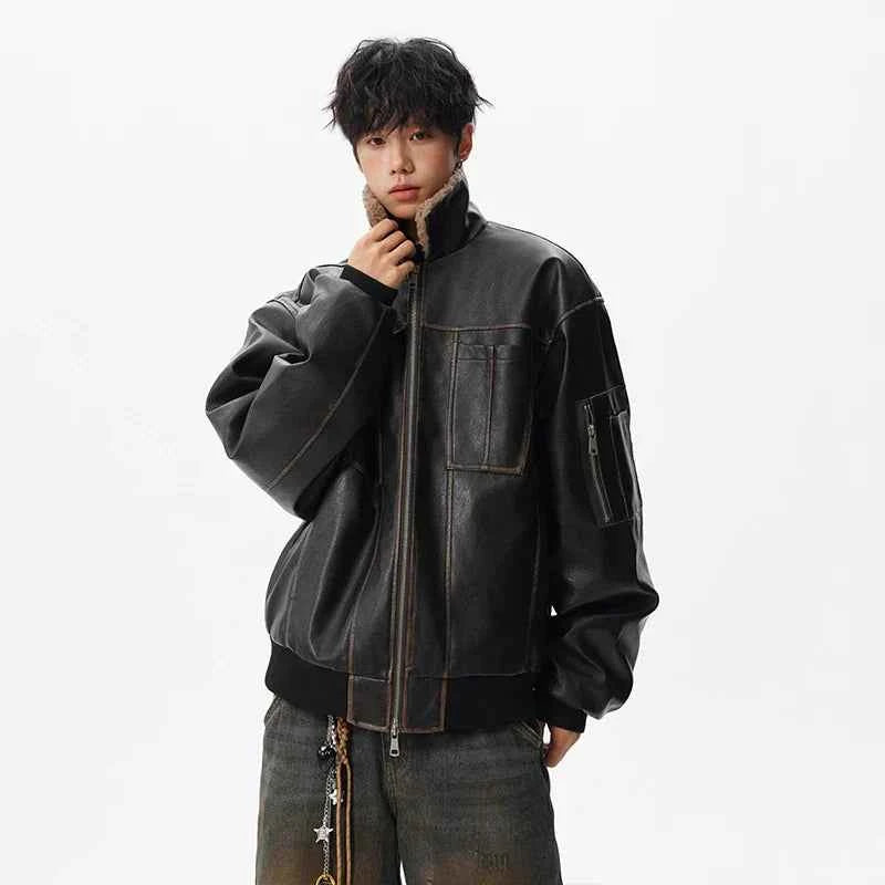 Patchwork Padded Faux Fur Collar Leather Jacket