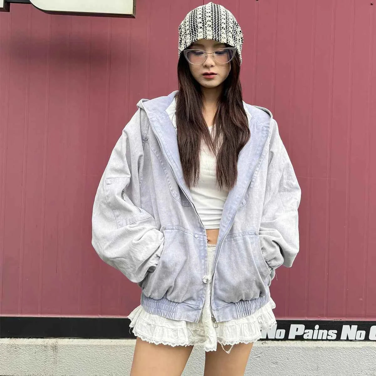 Retro American Style Washed Hooded Denim Jacket