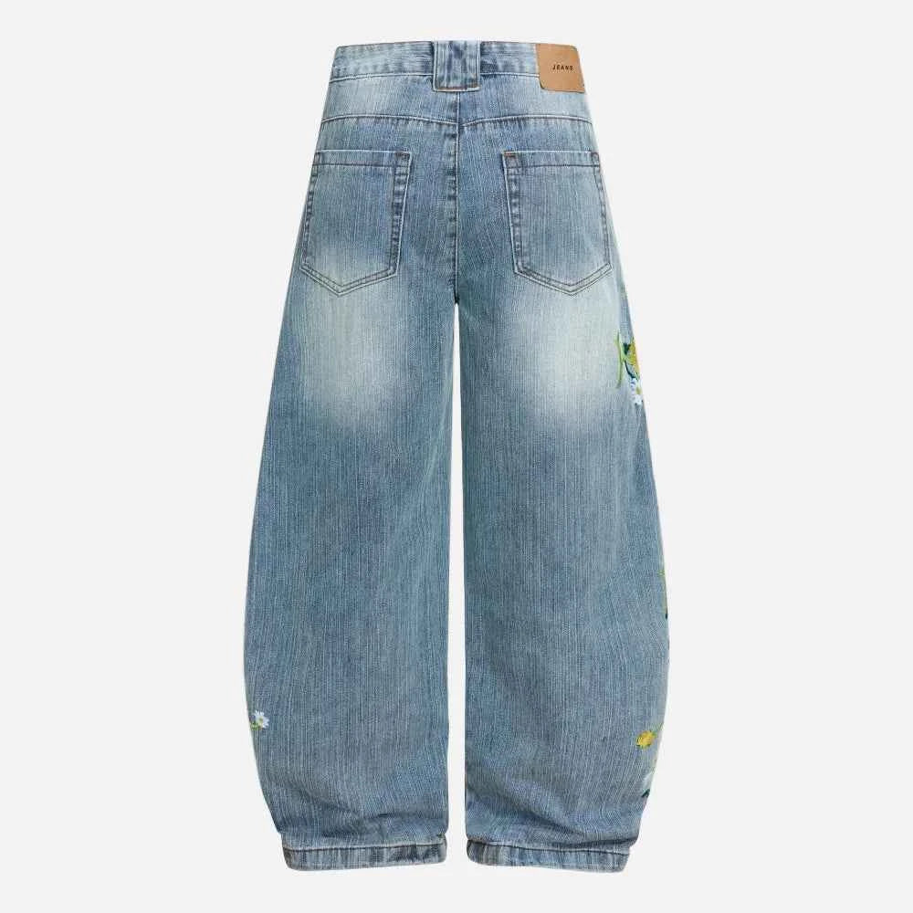 Trendy Distressed Flower Banana Wide Leg Jeans