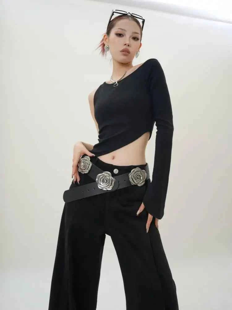 Black Irregular Slim Long Sleeve T-Shirt
