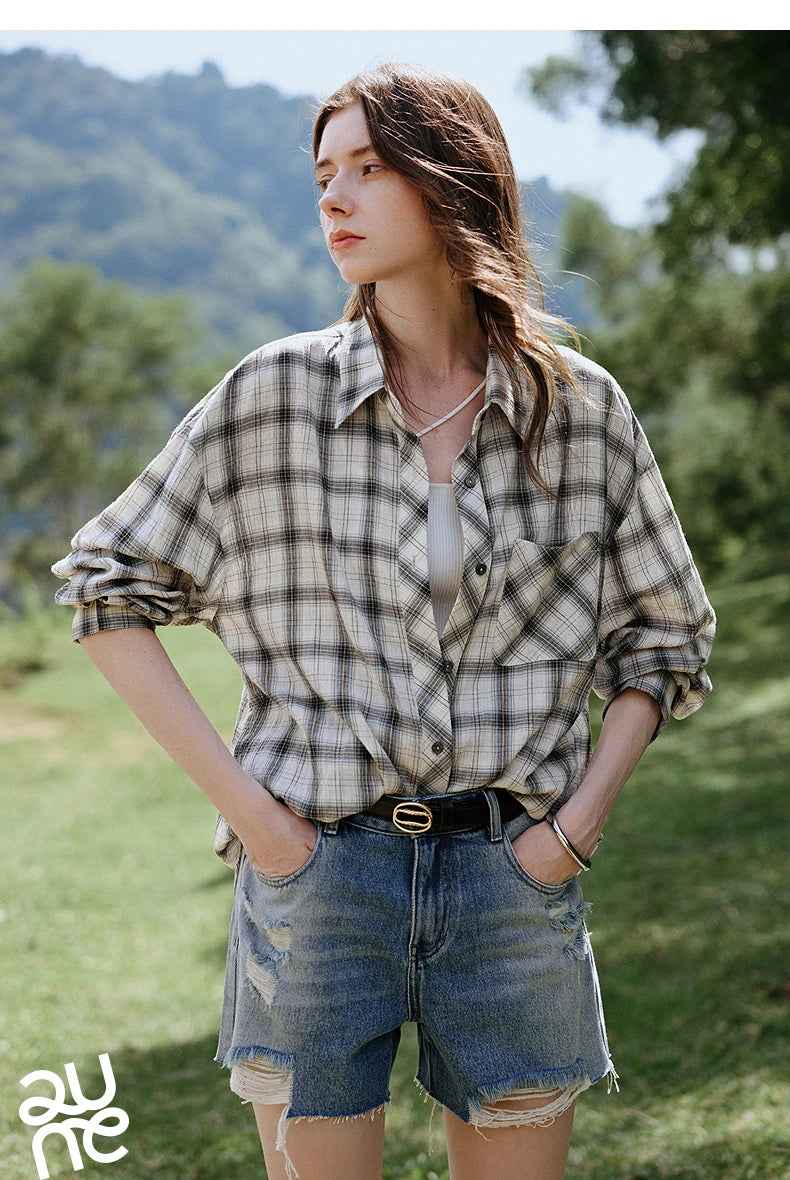 Women Plaid Retro Long Sleeve Blouse Shirt