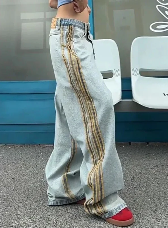 Street Edge Line Contrast Stripe Wide-Leg Jeans - Luxuryurbanwear