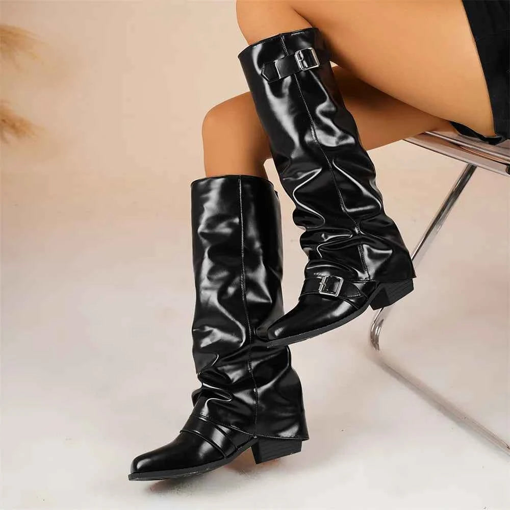 Retro Maillard Color Block Heel Knee-High Boots