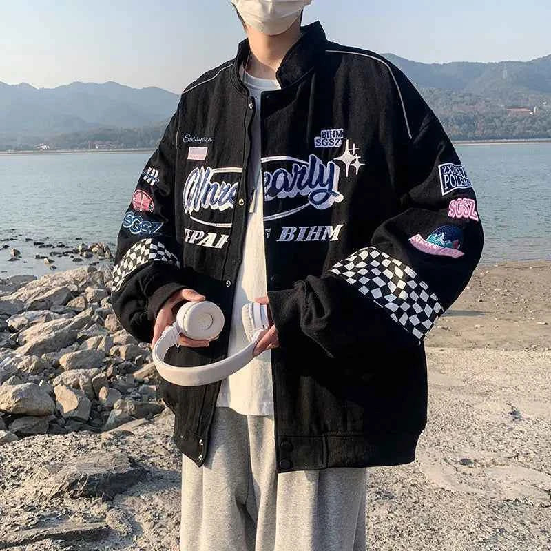 Y2K Plaid Embroidered Vintage Racer Jacket