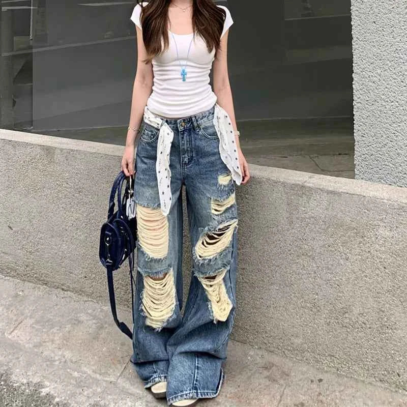 Y2K Plush Ripped Washed Denim Jeans
