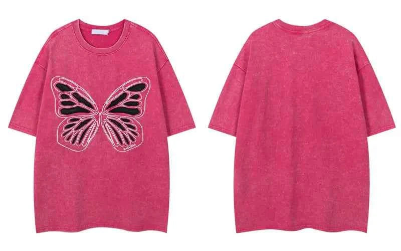 Women Butterfly Patch Oversized Cute Washed T-Shirt