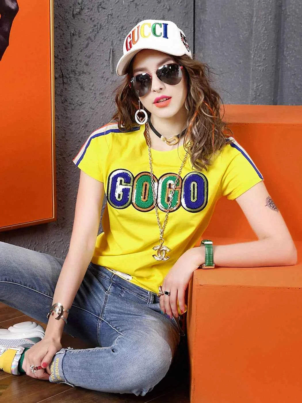 Yellow Lightweight Sequin Letter Short Sleeve T-Shirt