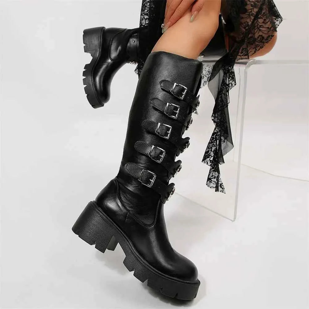Y2K Gothic Buckle Belts Platform Leather Boot